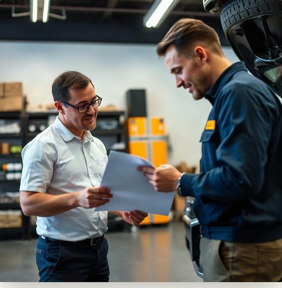Technician explaining an insurance repair estimate to a customer